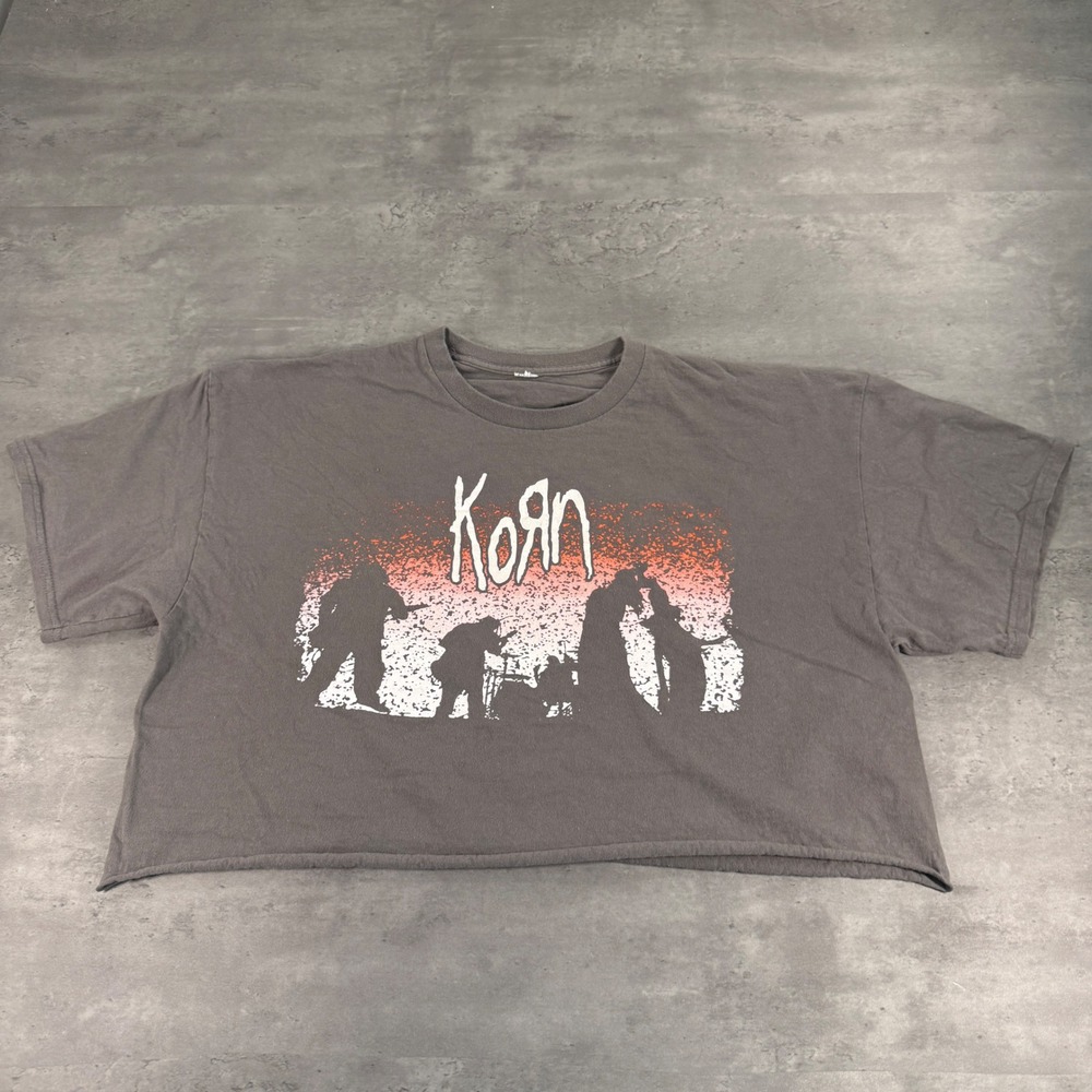 Korn Untouchables Band Tee Womens XL Charcoal Grey Cropped Graphic T-Shirt Faded